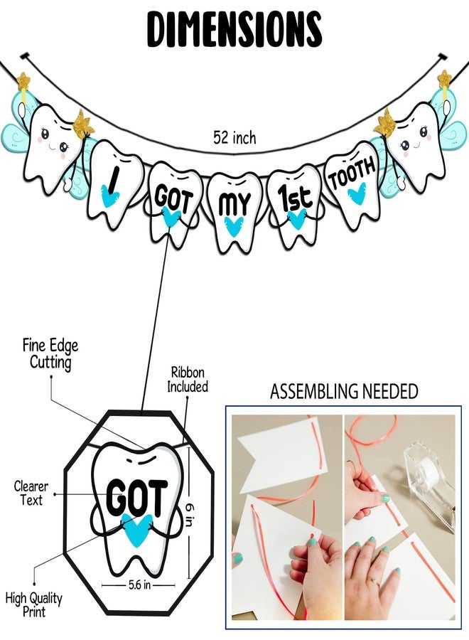 Zyozique I Got My First Tooth Photo Booth Props and I Got My First Tooth Paper Banner With Balloons /First Tooth Decoration/First Tooth Decoration Items for Baby (Pack of 43) Blue - Image 3